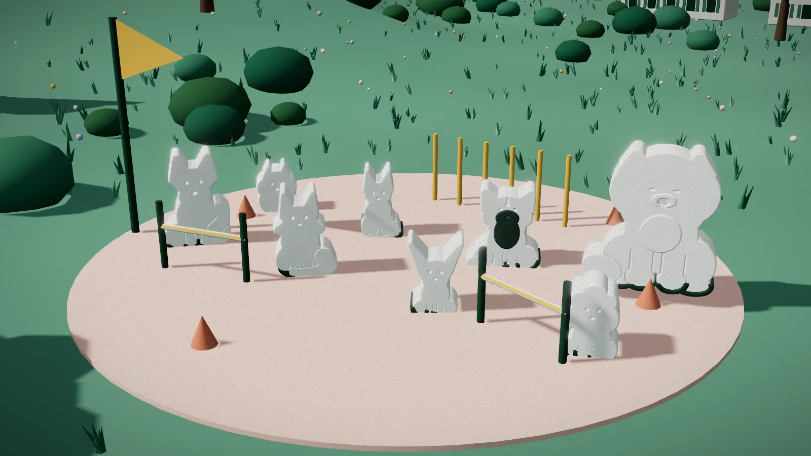 Illustration of a pet class on a lawn with agility hurdles and weave poles