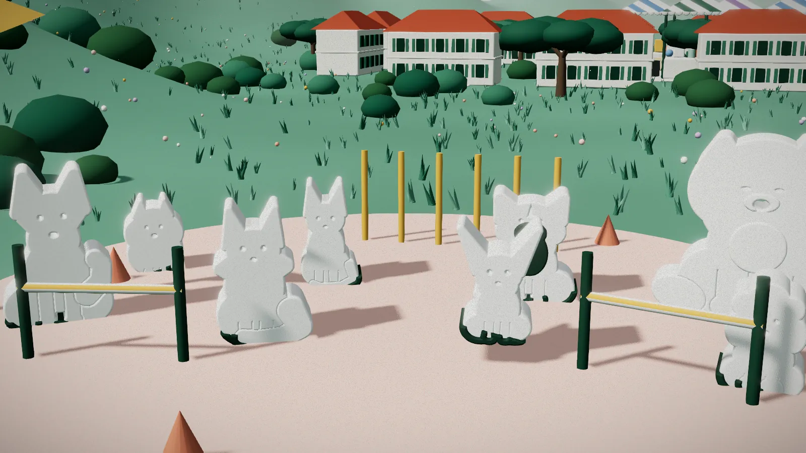 Illustration of dogs and cats at a training class on a lawn