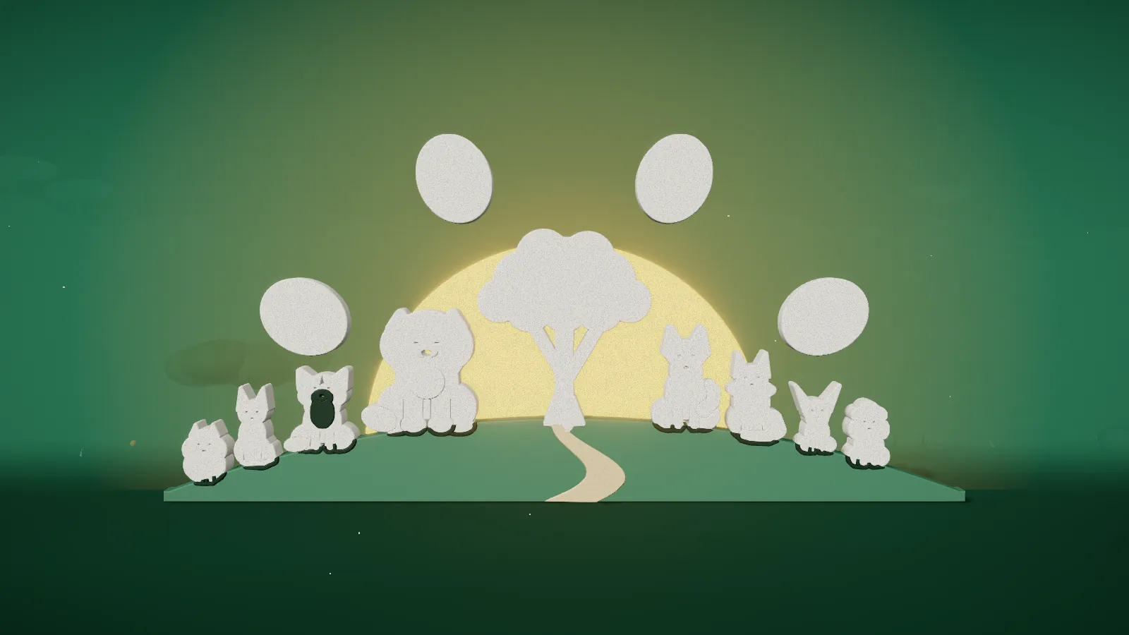 Illustration of the Pets Avenue SG paw-sunrise logo in 3D: eight animals on a hill beneath a rising sun