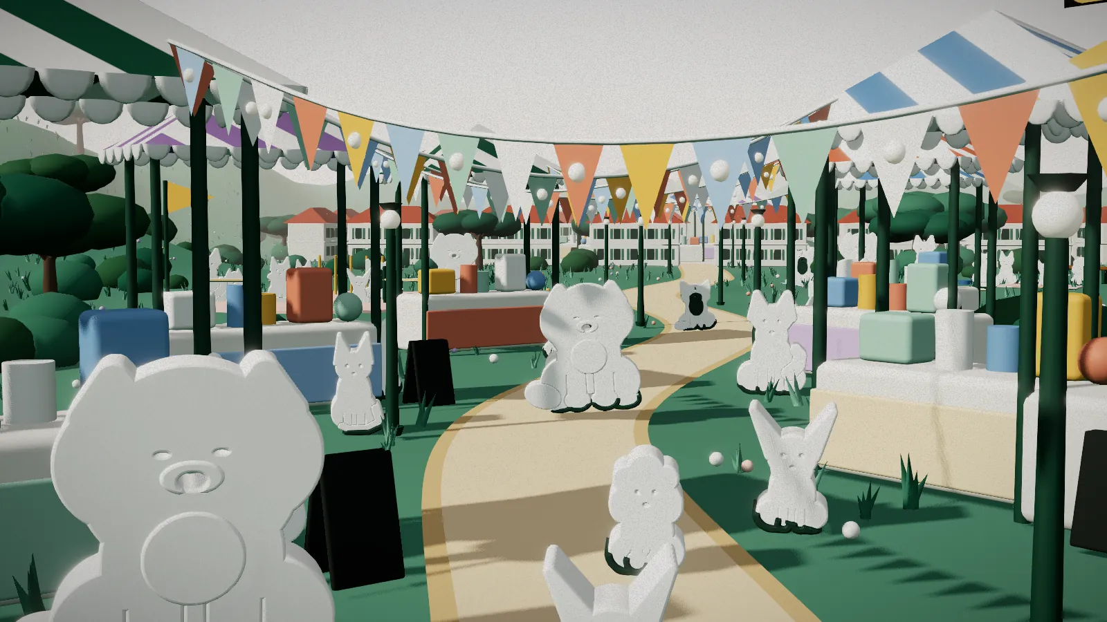 Illustration of market stalls with bunting along a garden path, with dogs and cats