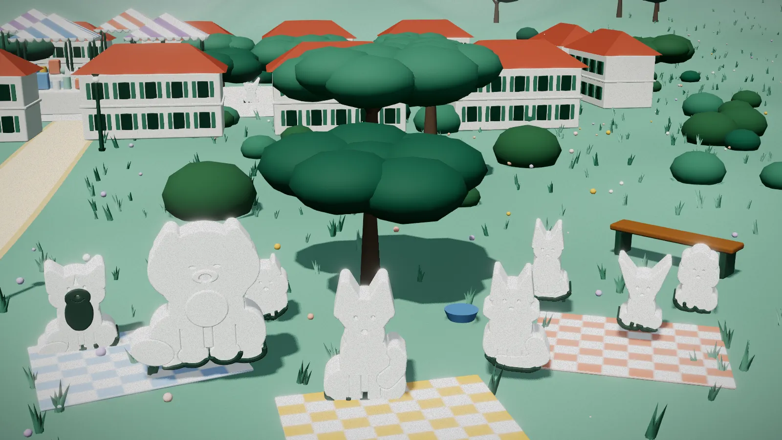 Illustration of pets and picnic blankets under a large rain tree
