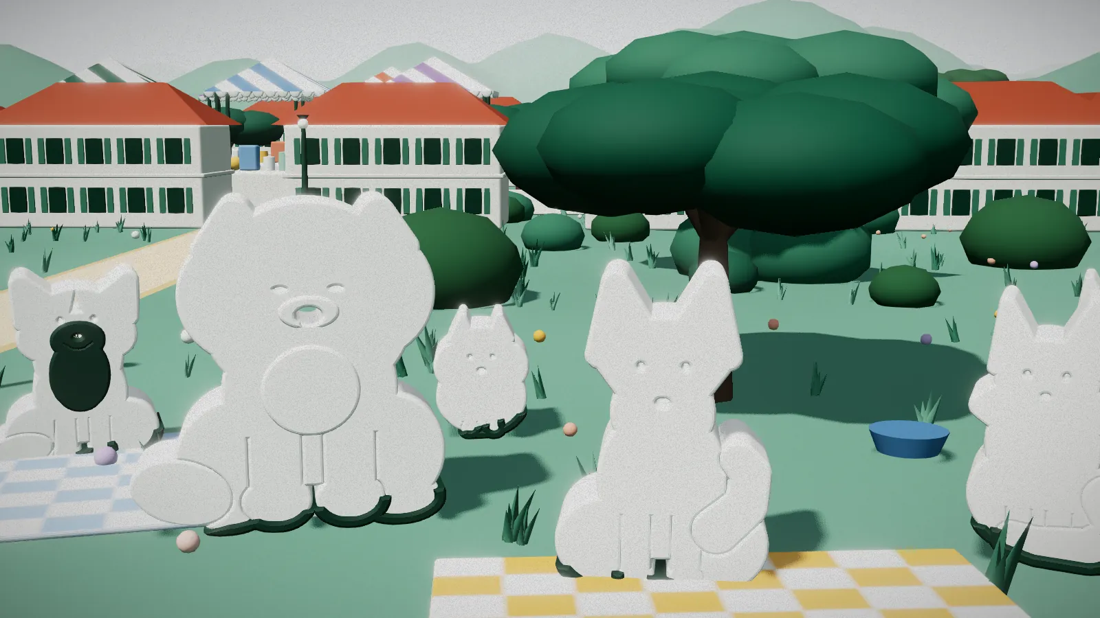 Illustration of dogs and cats gathered on picnic blankets