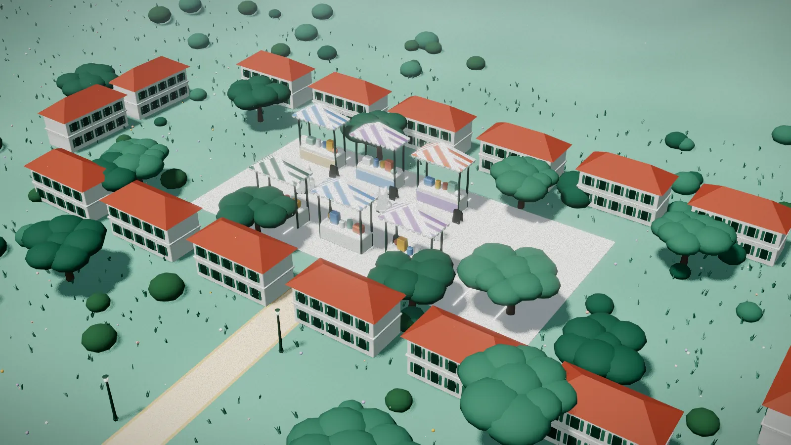 Illustration of heritage blocks around an open-air event ground with small stalls