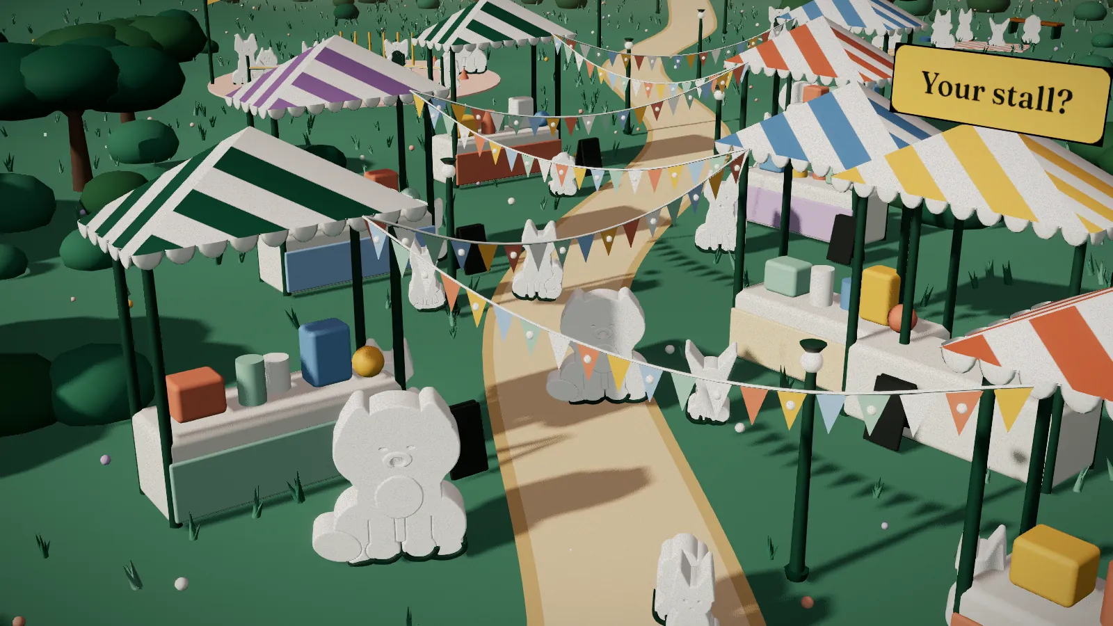 Illustration of a garden path leading past market stalls into the park