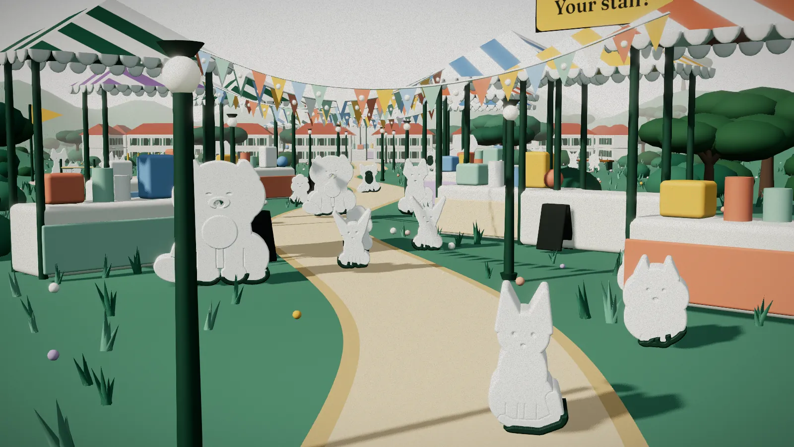 Illustration of dogs walking along a garden path past market stalls